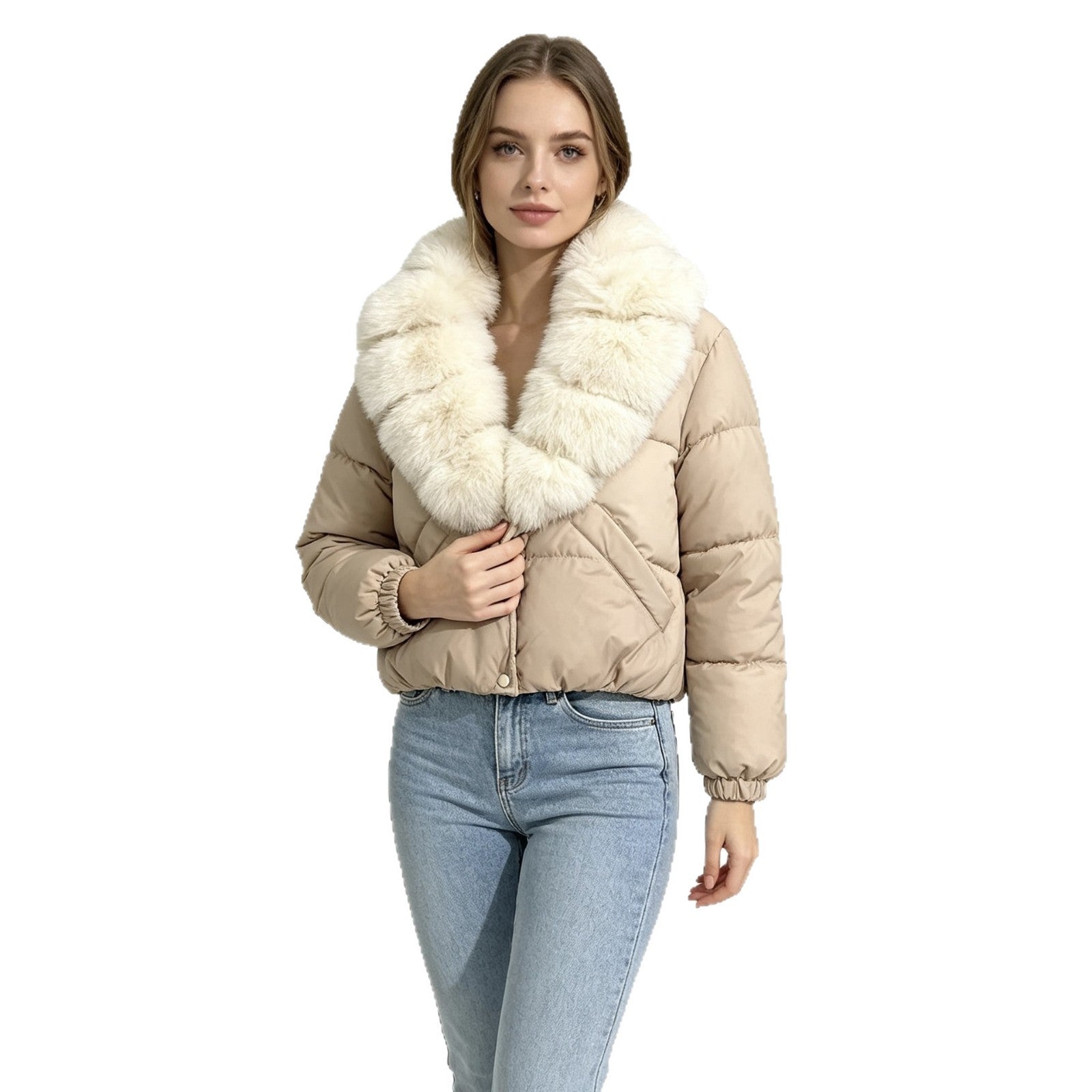 Women's cropped padded jacket with extra voluminous faux fur shawl collar and elastic cuffs Chichicherry