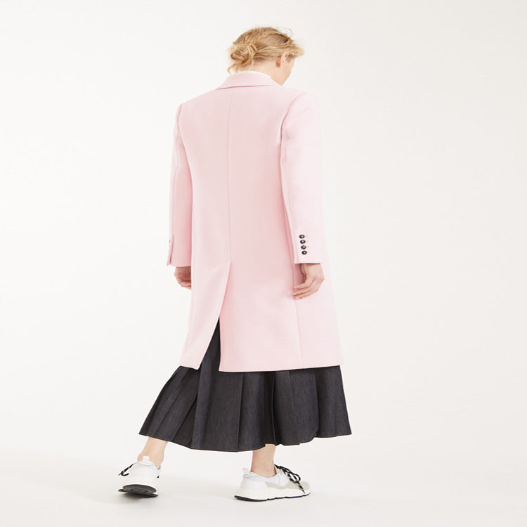 Women's Double-Breasted Midi-Length Wool Blend Coat with Emphasized Shoulder and Contrast Buttons Chichicherry