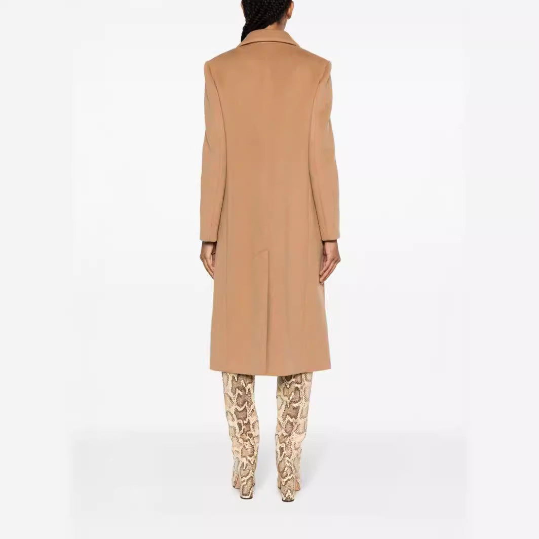 Women's Single-Breasted Wool Blend Long Coat with One-Button Closure and Flap Pockets Chichicherry