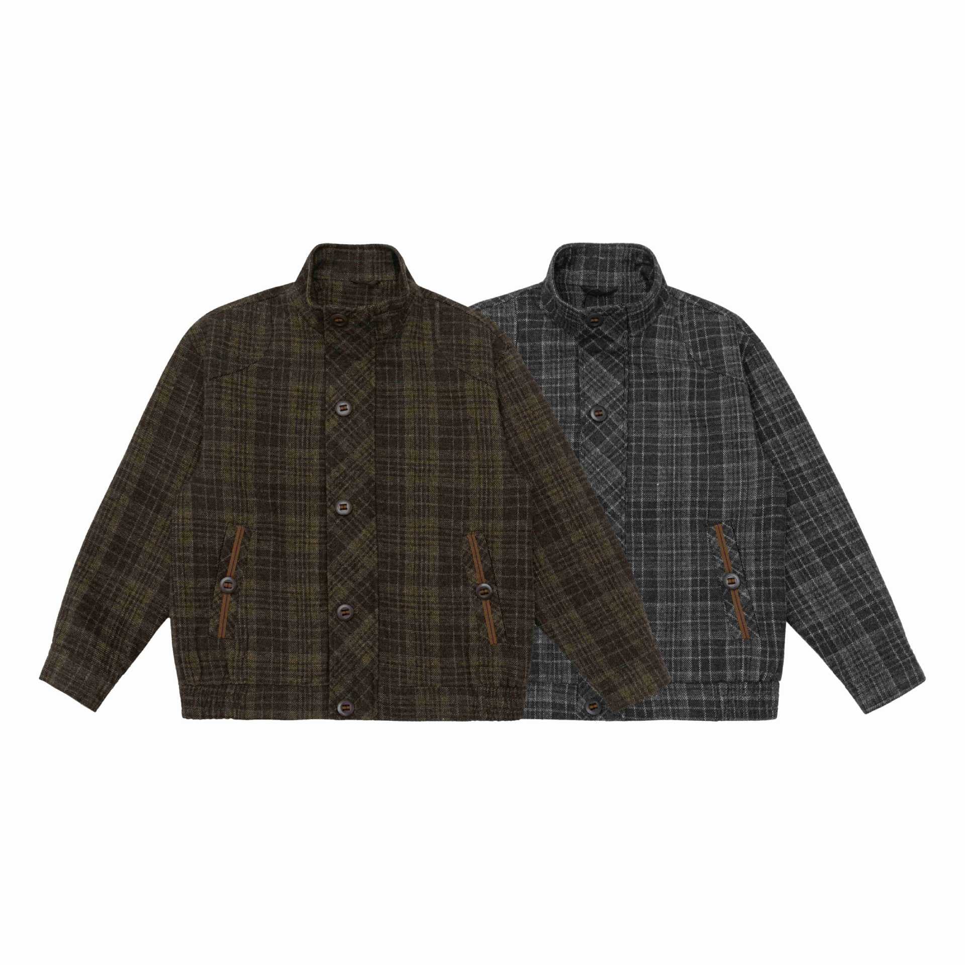Men's Short Cut Wool Blend Puffer Jacket with Check Pattern and Stand Collar Chichicherry