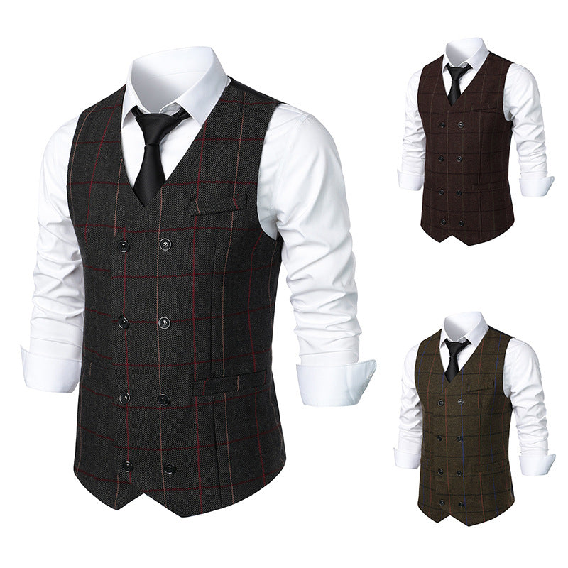 Men's Double-breasted Suit Vest with Window Pane and Herringbone Structure Chichicherry