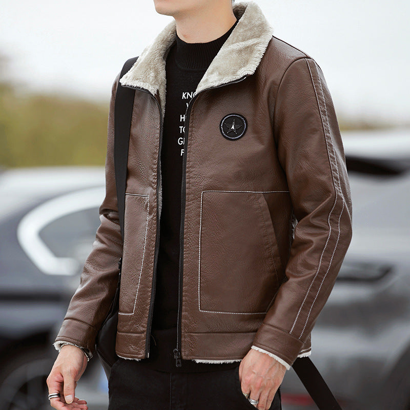 Men's Leather Look Pilot Jacket with Teddy Collar and Decorative Stitching Chichicherry
