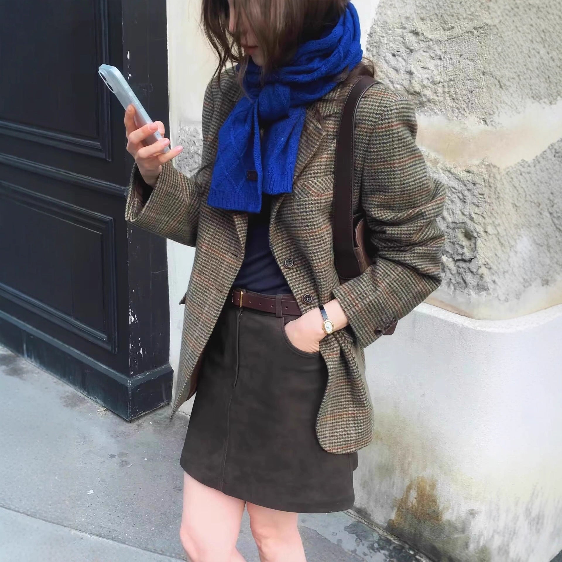 Women's Glencheck Blazer with Notch Lapels, Patch Pockets and Tailored Silhouette Chichicherry