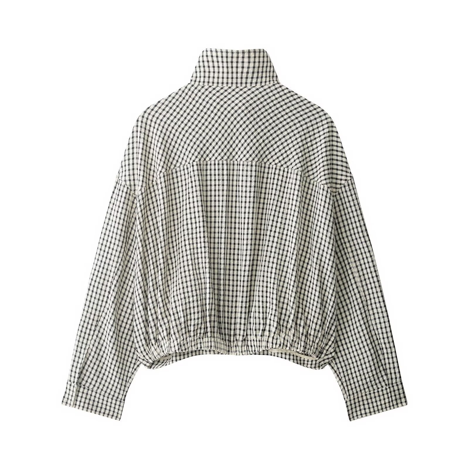 Women Checked Cropped Boxy Blouson with Stand Collar and Side Pockets Chichicherry