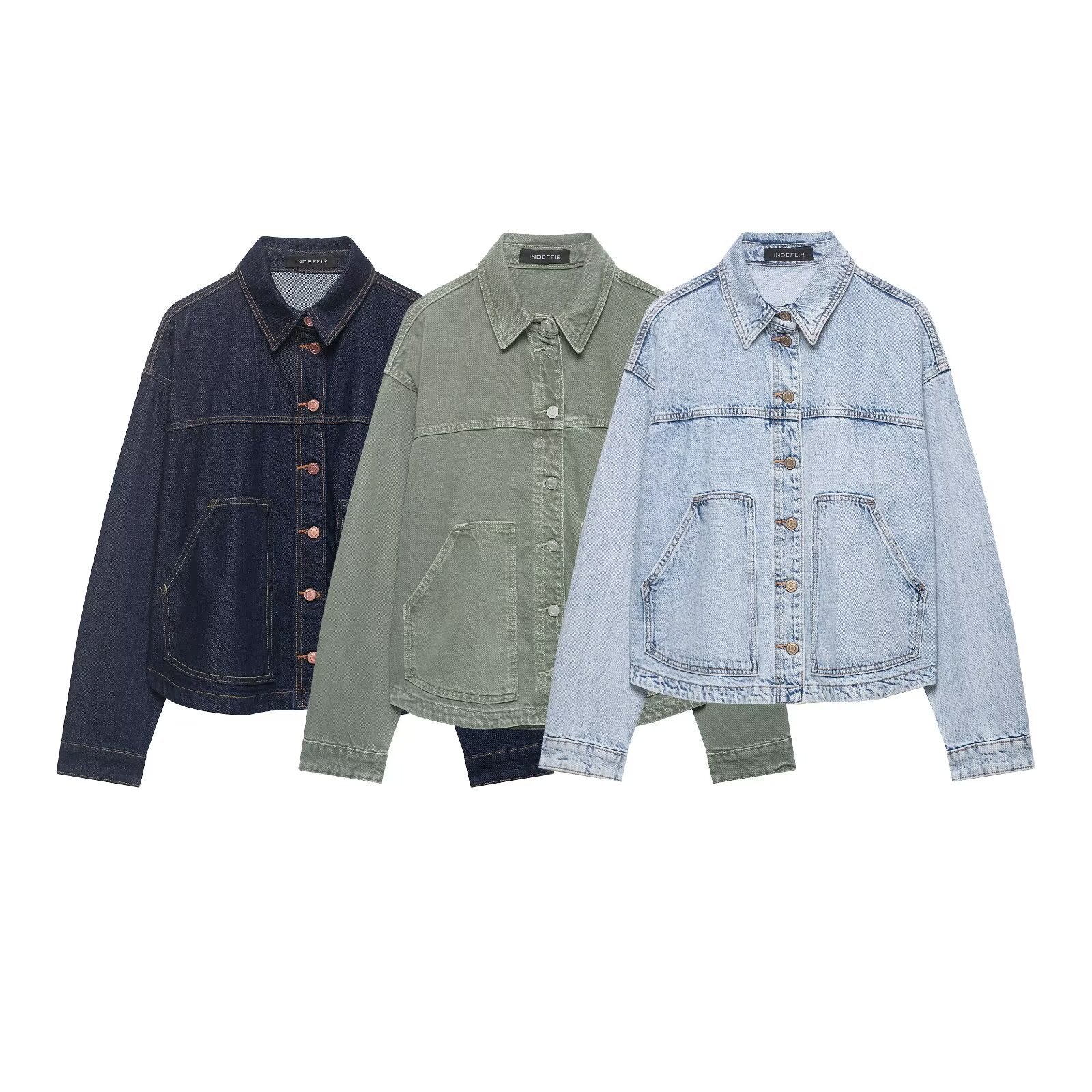 Women's Boxy Cropped Denim Work Jacket with Large Applied Front Pockets Chichicherry