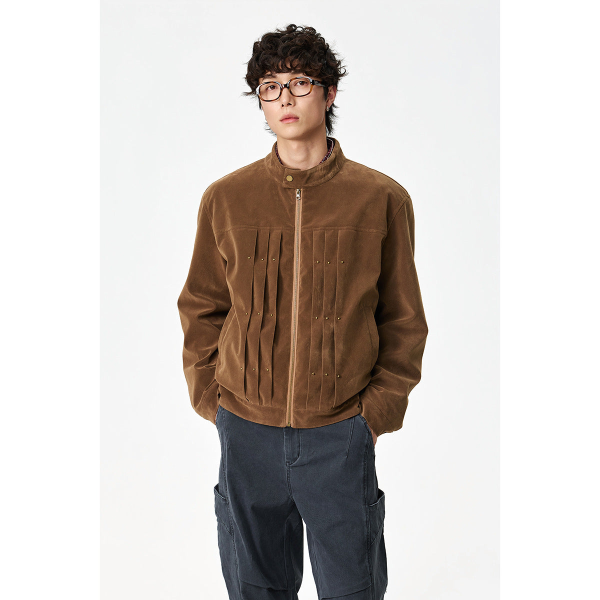 Men's Velour Leather Look Blouson Jacket with Pleated Yoke and Stud Detail Chichicherry