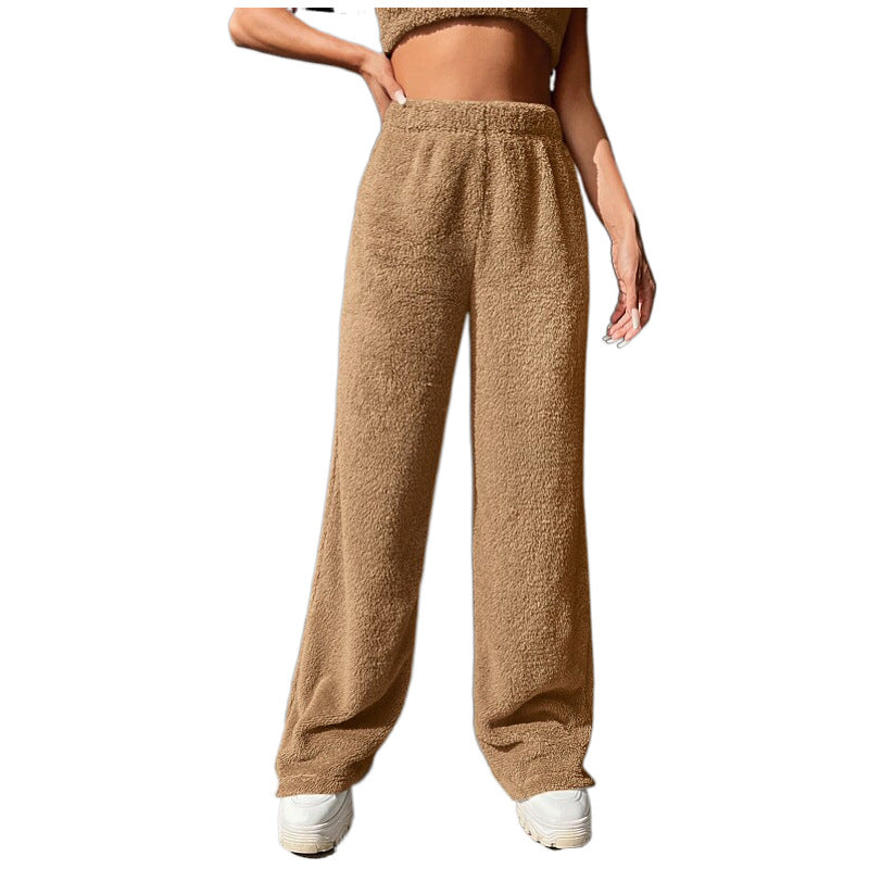 Women's Plush Lounge Pants with High Elastic Waistband and Wide Leg Chichicherry