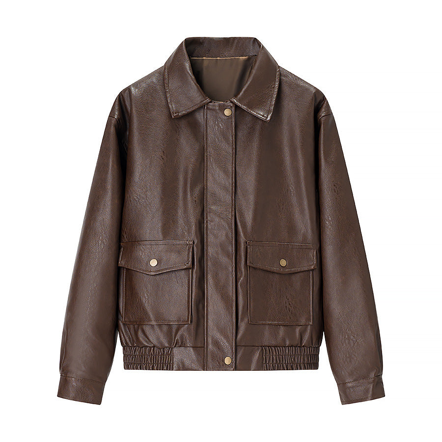 Women's Oversized Faux Leather Blouson with Shirt Collar, Flap Pockets and Concealed Zipper Placket Chichicherry