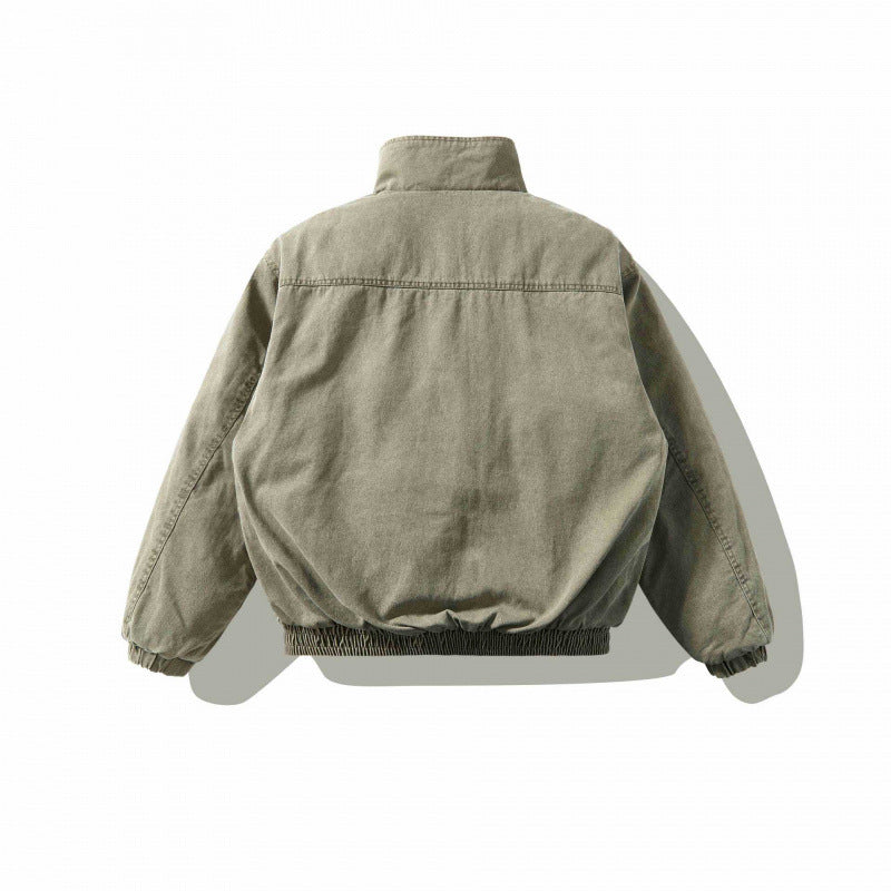 Unisex Loose-Fitting Canvas Utility Jacket with Standing Collar, Flap Pockets and Elastic Hem Chichicherry