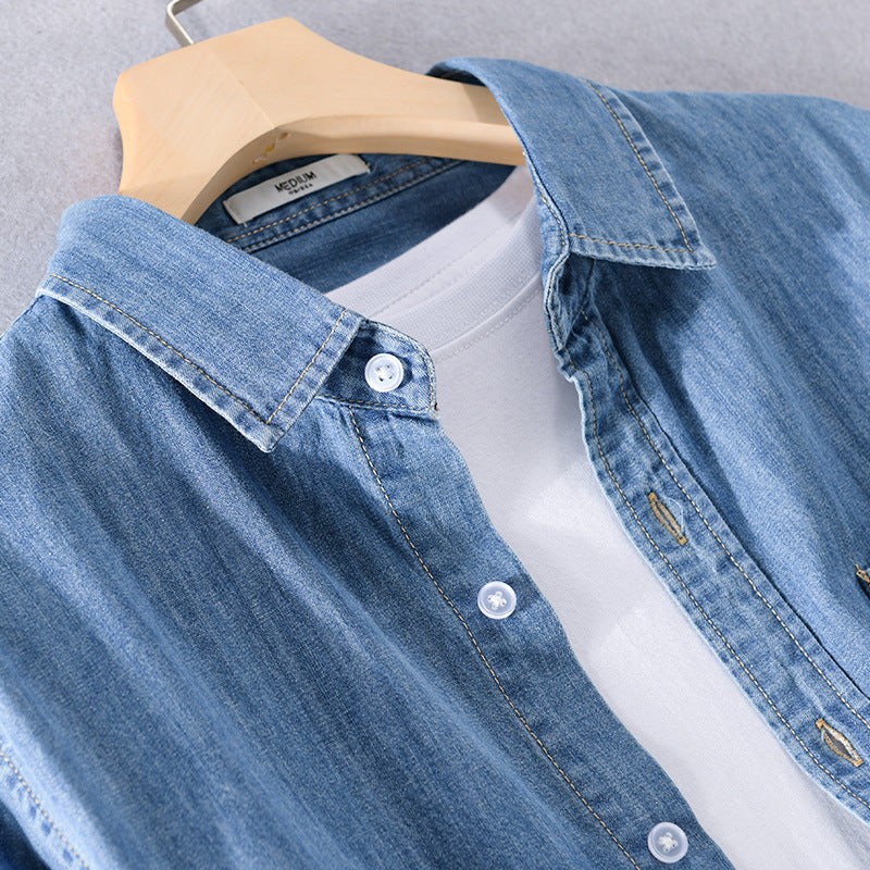 Men's Washed-Denim Overshirt in Relaxed Fit with Chest Pocket and Contrasting Stitching Chichicherry