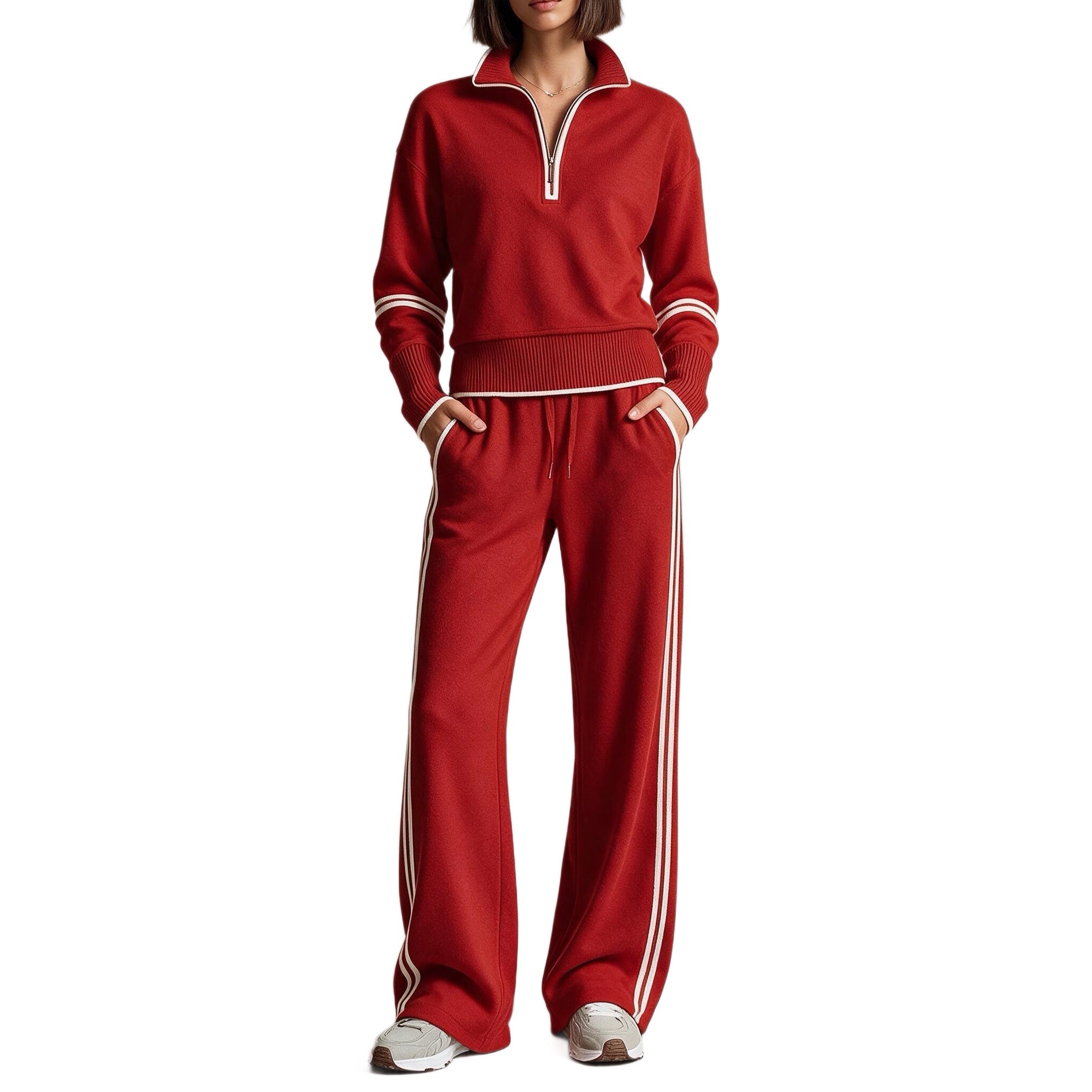 Damen Komfortables Strick-Jogging-Set mit Stehkragen, halbem Reißverschluss und Kontraststreifen Chichicherry