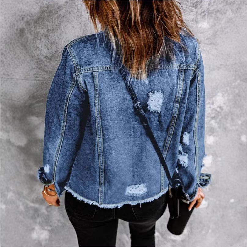 Women's denim jacket with casual destroyed sleeves and raw hem Chichicherry