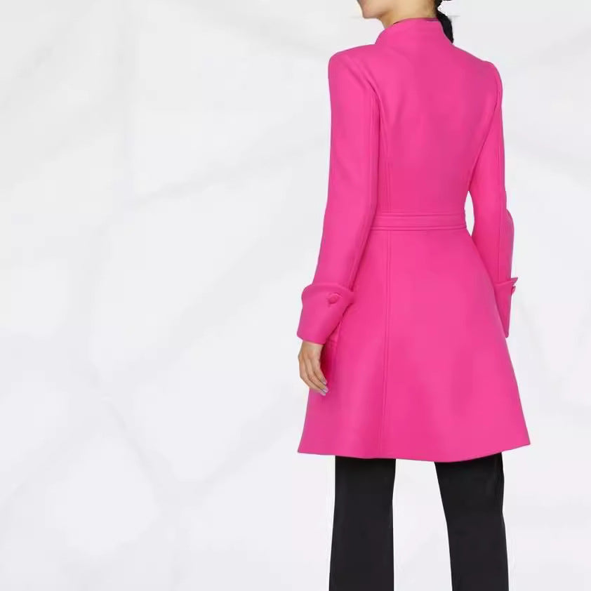 Women's Mid-Length A-Line Coat with Stand-Up Collar and Decorative Loop Closure Chichicherry
