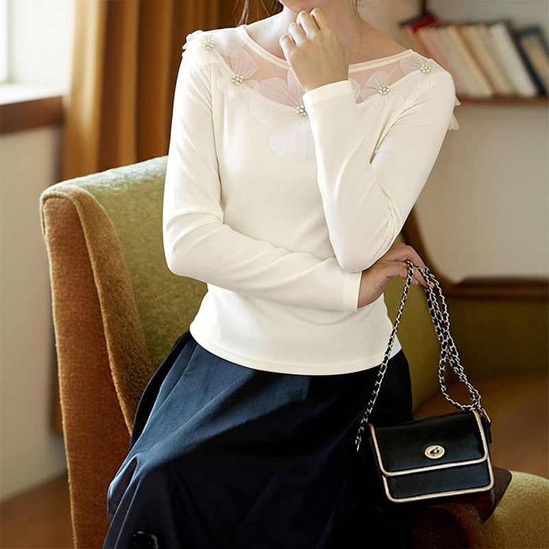 Ladies Elegant Long Sleeve Shirt with Transparent Tulle Insert and 3D Flower Appliqué Chichicherry