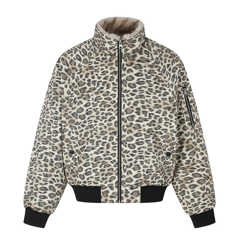 Women quilted bomber jacket with faux fur stand-up collar, all-over leopard print and ribbed cuffs Chichicherry