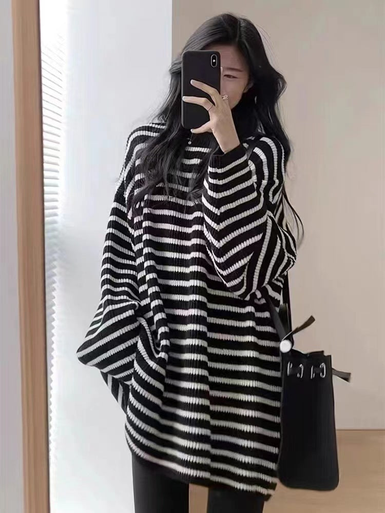Women's Oversize Knit Long Sweater with Horizontal Stripe Structure Chichicherry