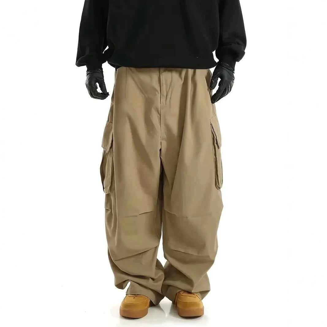 Men's Wide Baggy Utility Cargo Pants with Multi-Pockets and Low Crotch Chichicherry