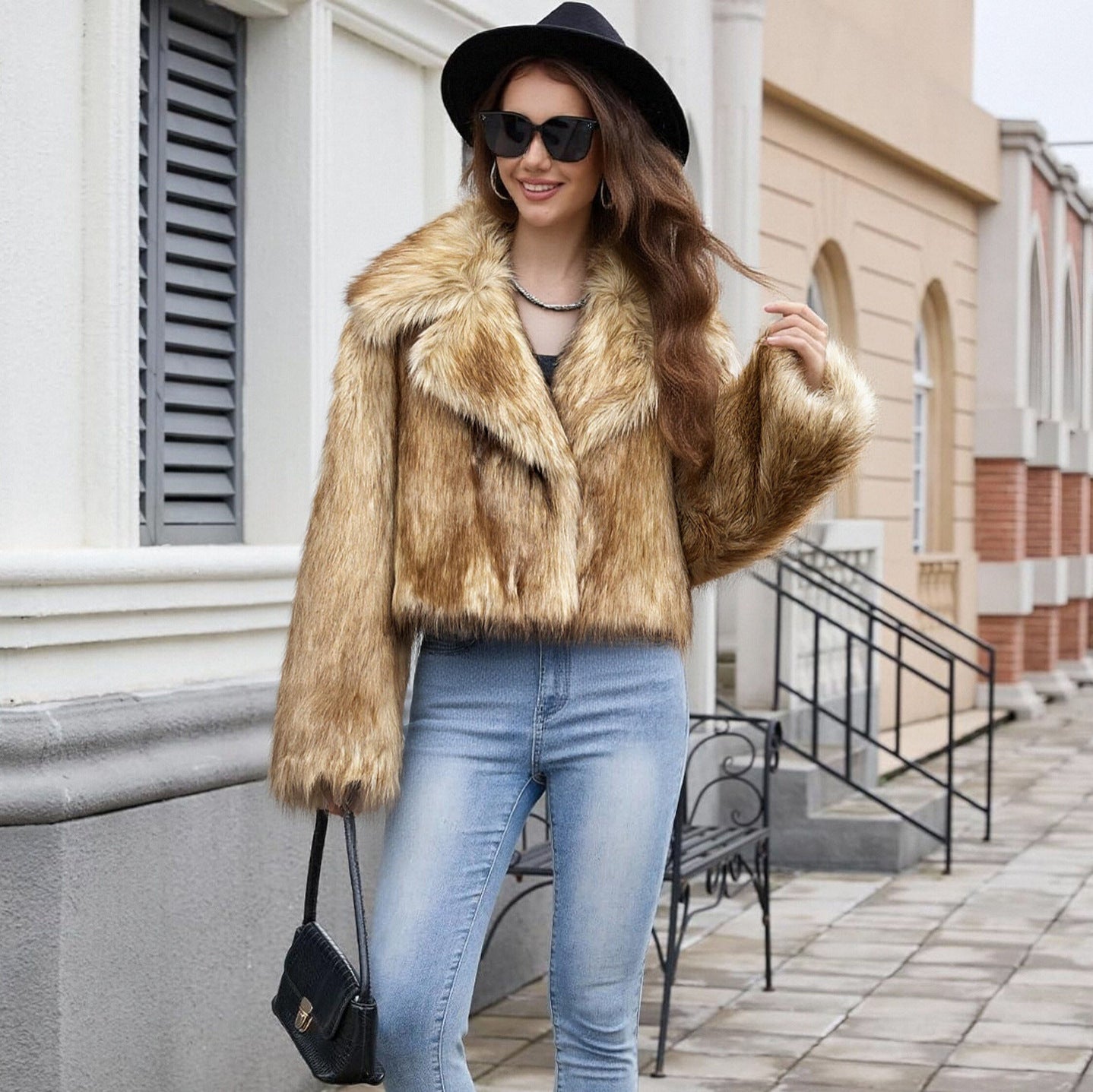 Women's Short Fitted Faux Fur Blouson with Wide Shawl Collar Chichicherry