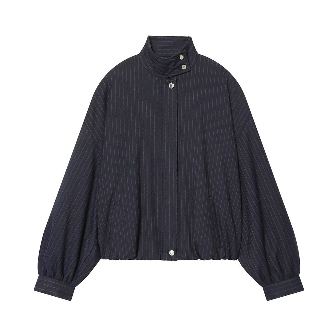 Ladies Short Pinstripe Blouson Jacket with Stand Collar, Balloon Sleeves and Elastic Hem Chichicherry