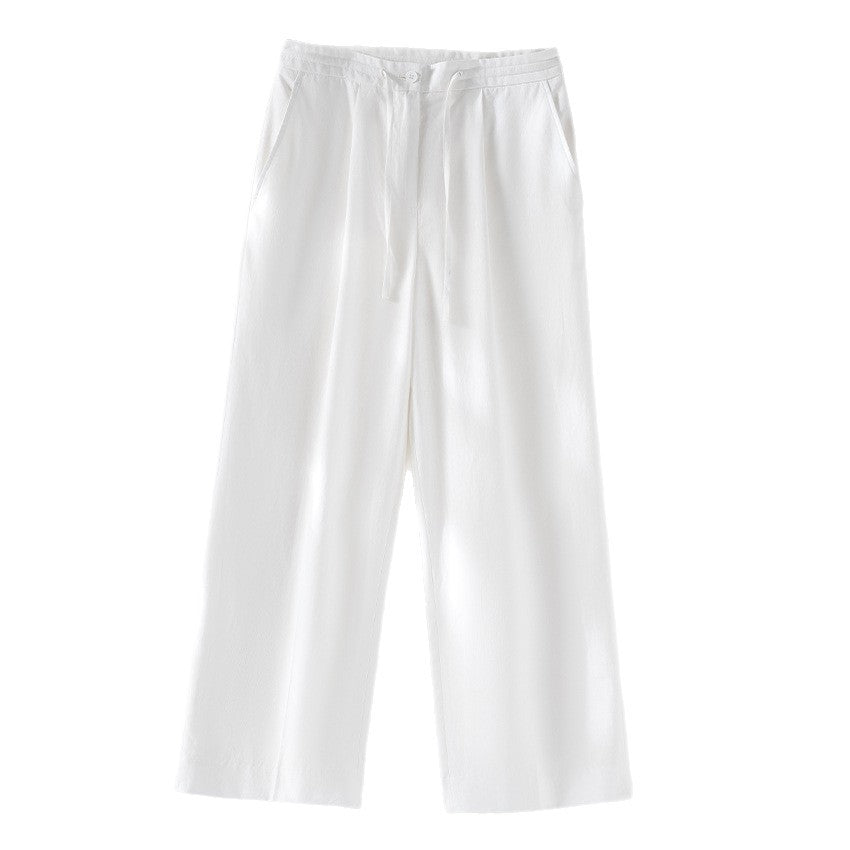 Ladies culotte-like linen trousers with drawstring, pleats and straight leg Chichicherry