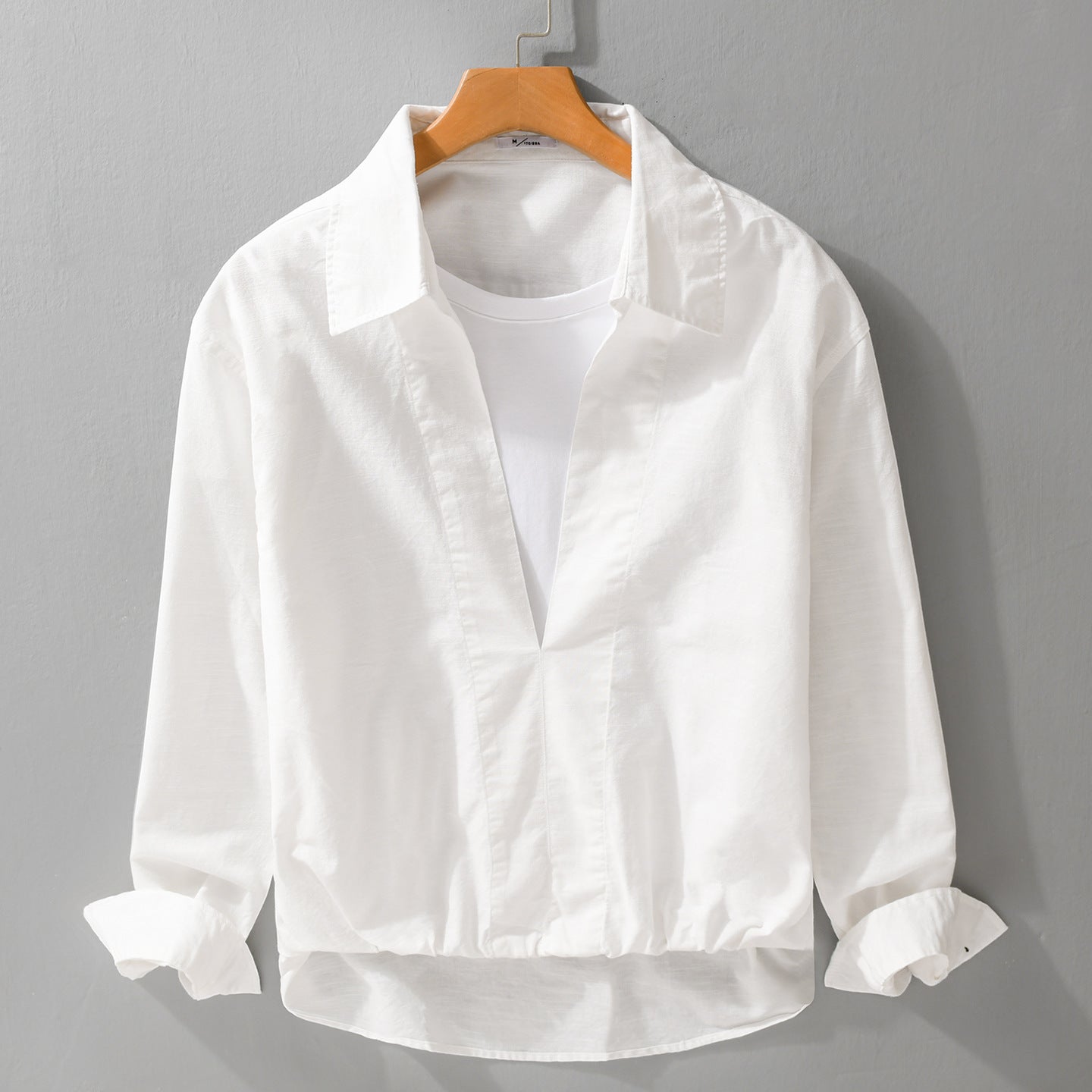 Men's Lightweight Linen Overshirt with V-Neck, Shirt Collar, and Elastic Hem Chichicherry