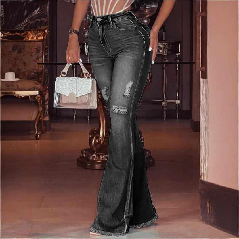 Women's High-Waisted Flared Jeans with Knee Rips, Frayed Hem and Flared Leg Chichicherry
