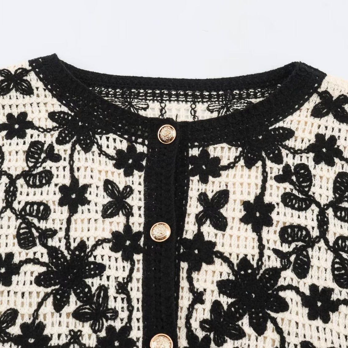 Women's Crocheted Boucle Cardigan with Three-Dimensional Flower Embroidery and Gold Accents Chichicherry