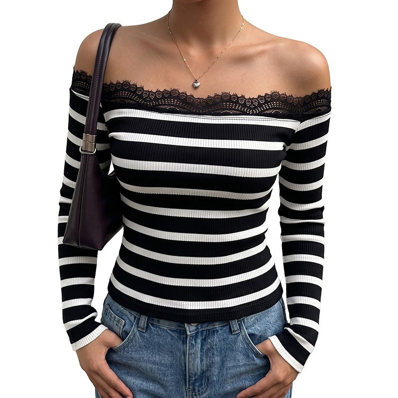 Women's Off-Shoulder Striped Ribbed Top with Lace Chichicherry