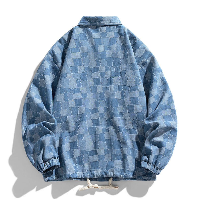Men's oversized checkered denim jacket with snap buttons, flap pockets, and drawstring Chichicherry