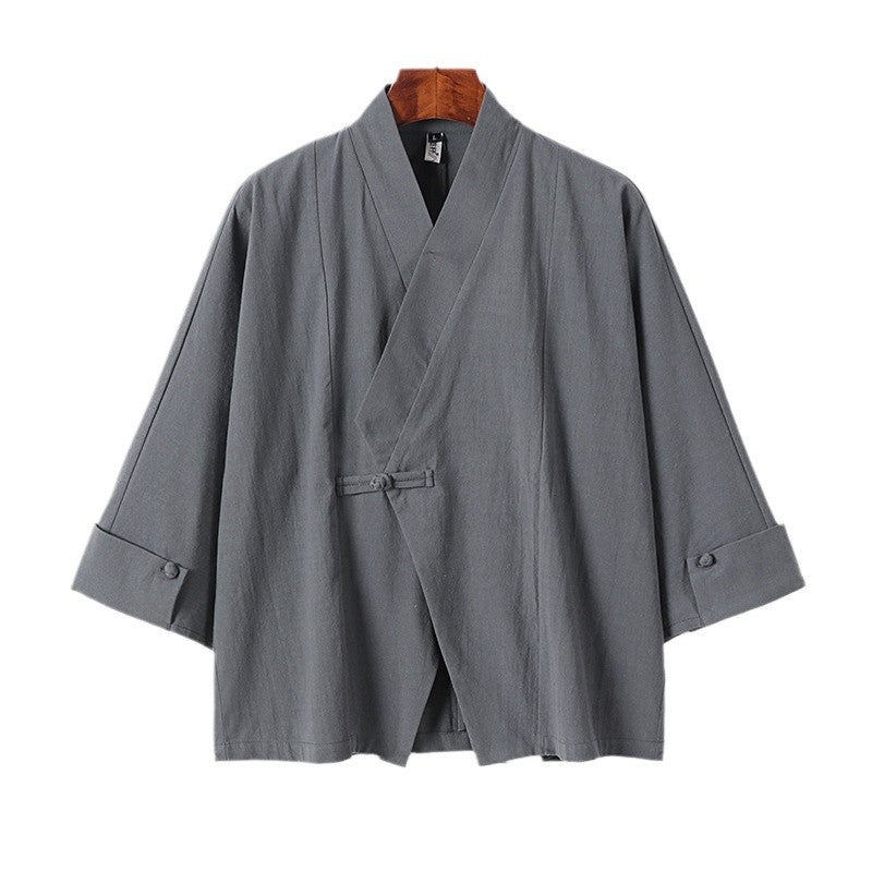 Men's Linen Kimono Jacket with Traditional Knot Closure and Medium-Length Sleeves Chichicherry