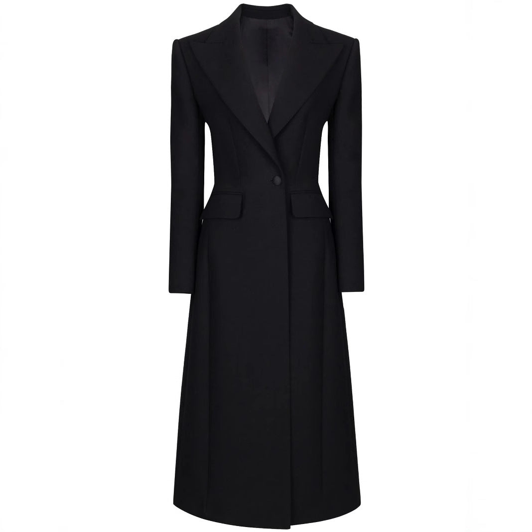 Women's Tailored Longline Coat with Sharp Lapels and Vent Chichicherry