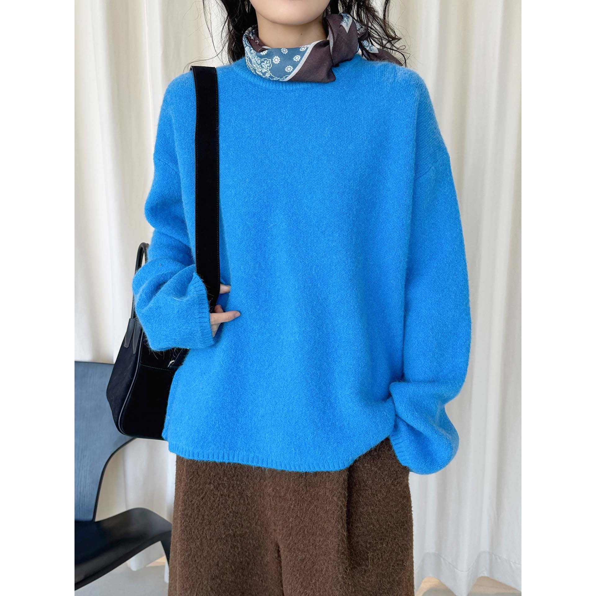 Women Soft Angora-Optic Round Neck Sweater with Loose Oversize Silhouette Chichicherry