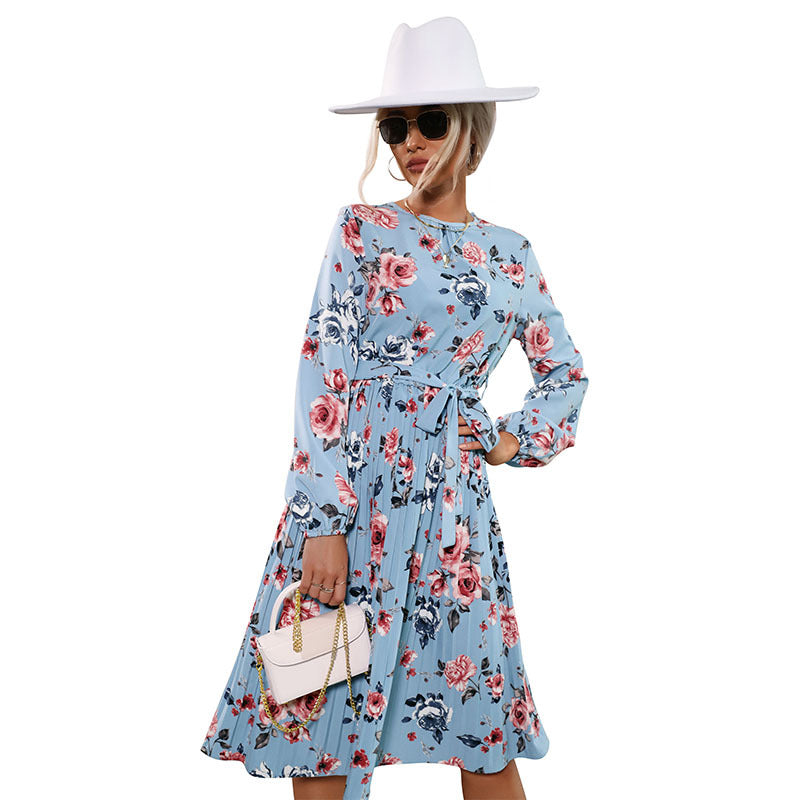 Women's midi dress with floral print, pleated skirt and fitted tie belt Chichicherry