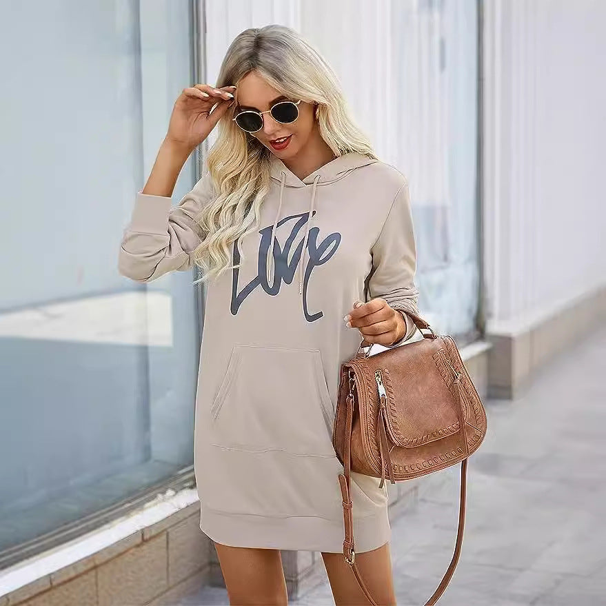 Damen Fleece-Kapuzenkleid mit Kängurutasche, Daumenlochärmeln und Oversize-Sweatshirt-Schnitt Chichicherry