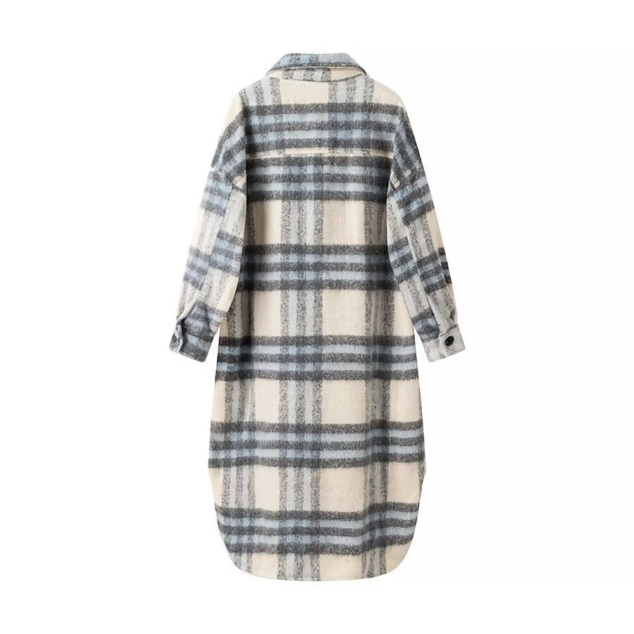 Women's Oversize Shirt Dress Coat made of Wool Blend with Check Pattern Chichicherry