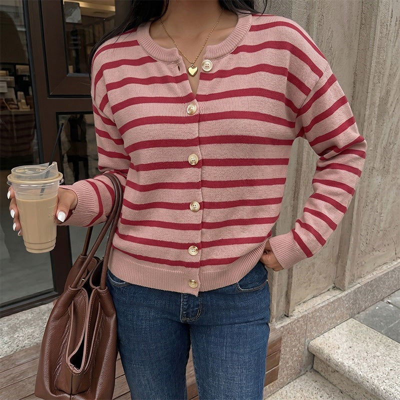 Women's Striped Fine Knit Button Cardigan with Round Neckline and Tailored Waist