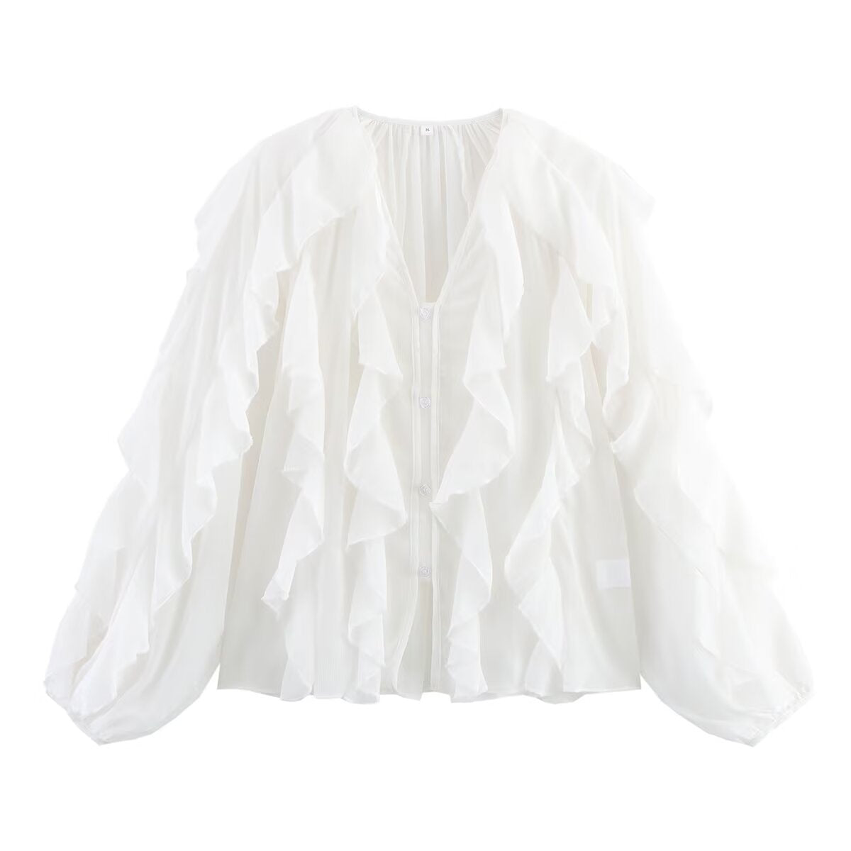 Women's Ruffle Chiffon Blouse with Layered Ruffles and Wide Balloon Sleeves Chichicherry