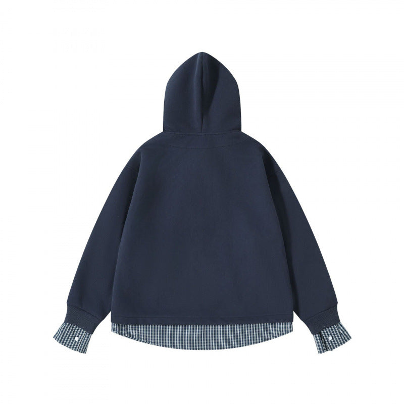 Women's Layering Hoodie with Inserted Shirt Collar, Checked Hem and Cuff Look Chichicherry