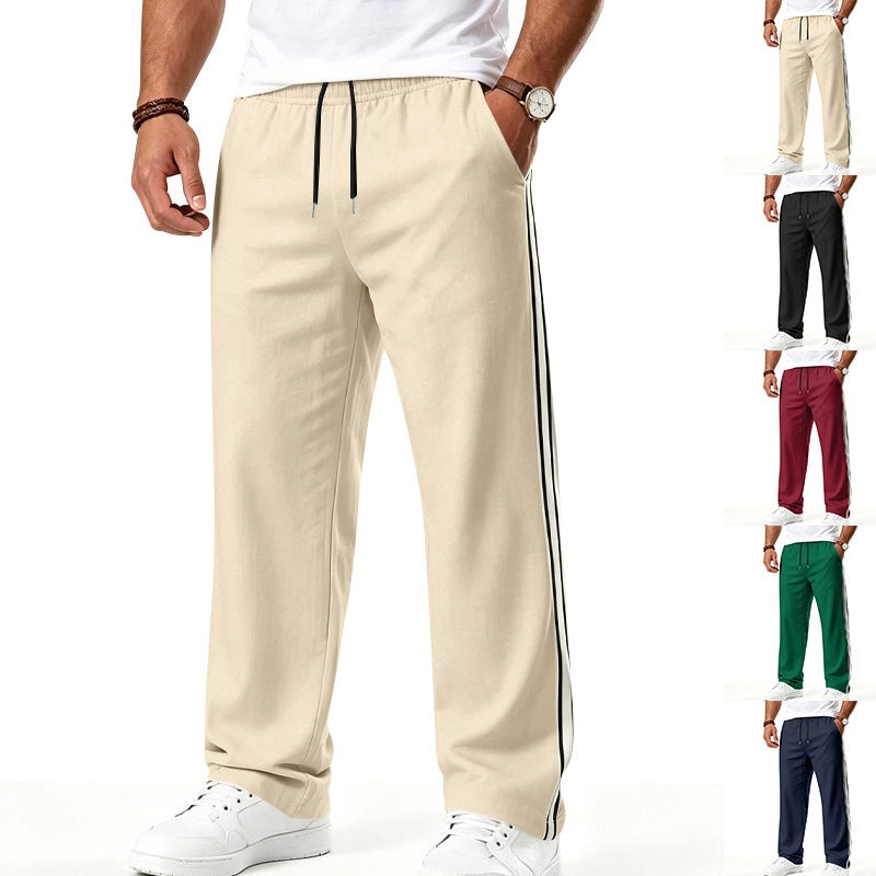 Men's Wide Leisure Pants made of Functional Jersey with Elastic Waistband and Side Double Stripe Chichicherry