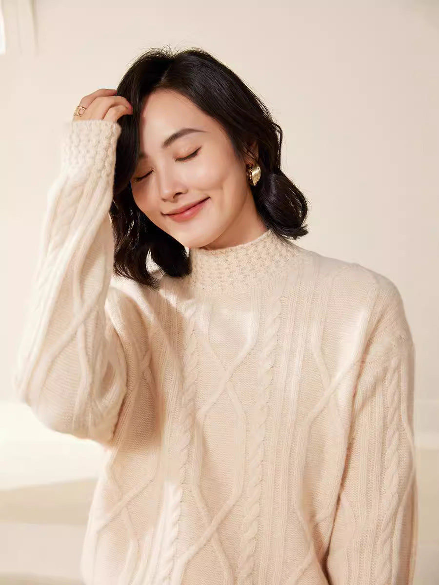 Women's cable knit mock neck sweater with short boxy silhouette Chichicherry