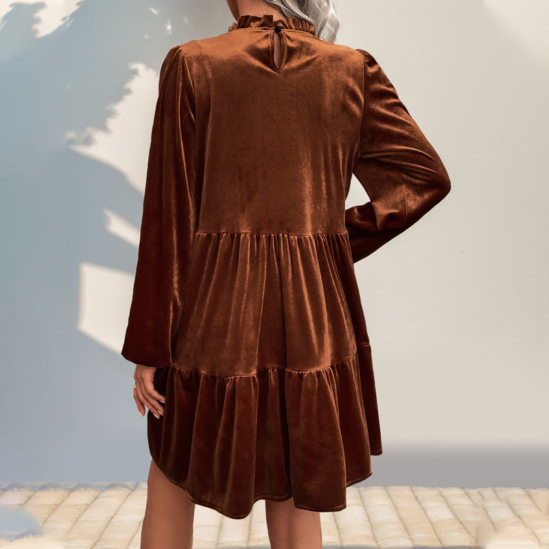Women Velvet Tiered Dress with Smocked Bodice, Ruffled Collar and Balloon Sleeves Chichicherry