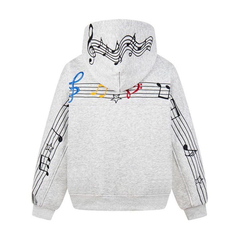 Women's Oversized Hoodie with Musical Notes Embroidery and Ribbed Hem Chichicherry