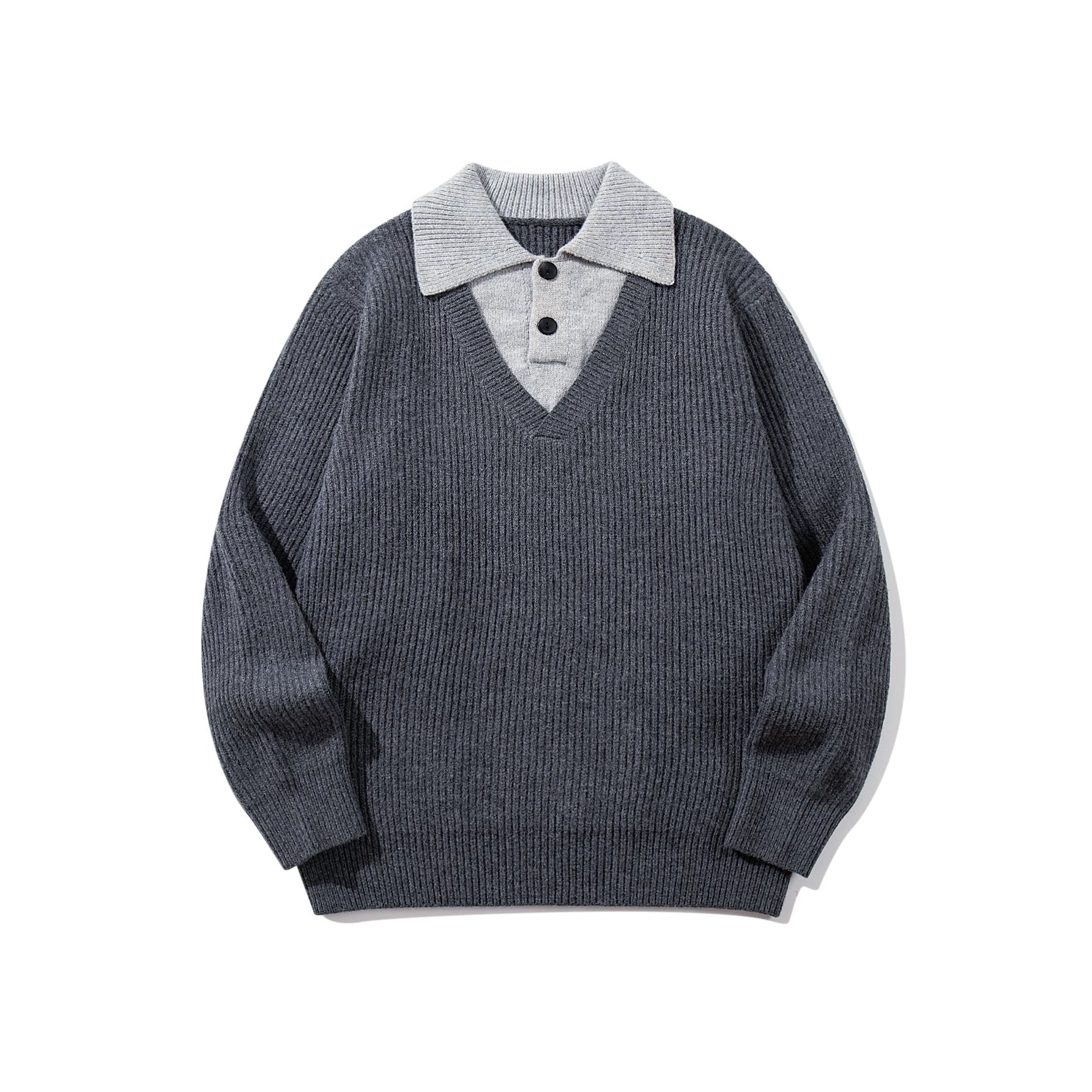 Men's Ribbed Knit Sweater with Polo Collar Insert and Deep V-Neck Chichicherry