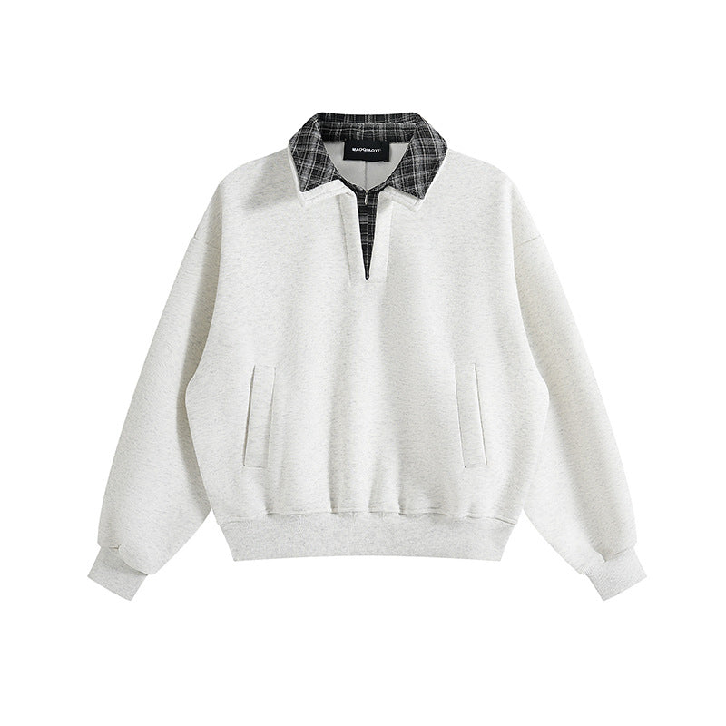 Unisex layered look sweatshirt with sewn-in check collar and side pocket openings Chichicherry