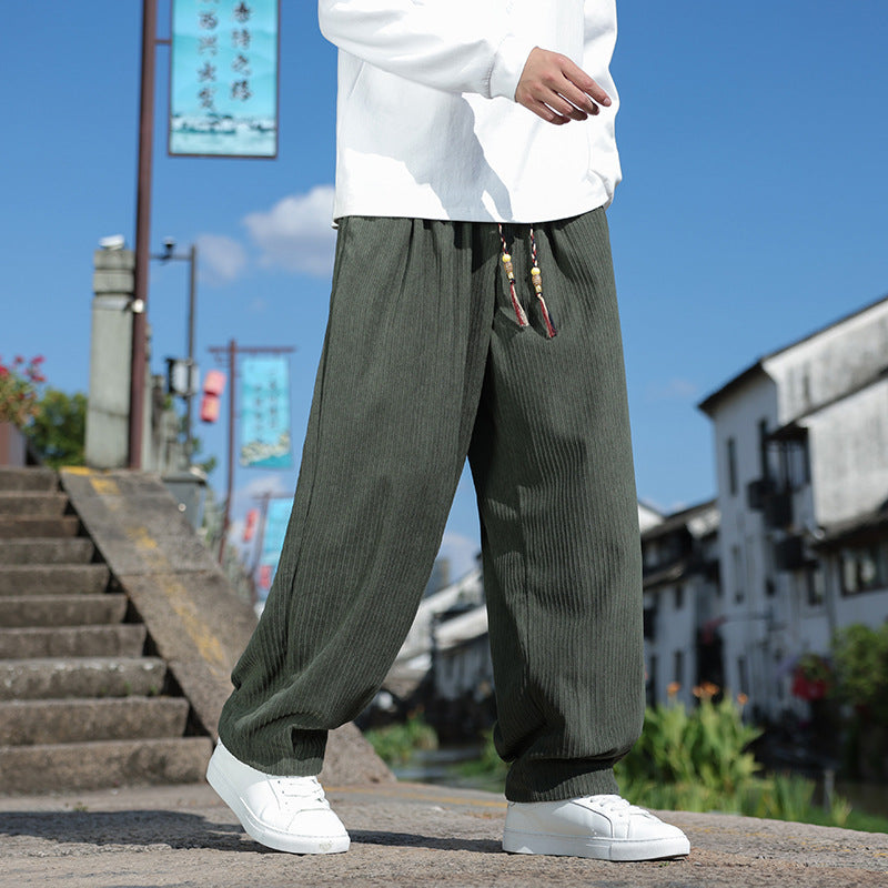 Men's loose-fitting corduroy relax pants with elastic waistband and decorative cord Chichicherry