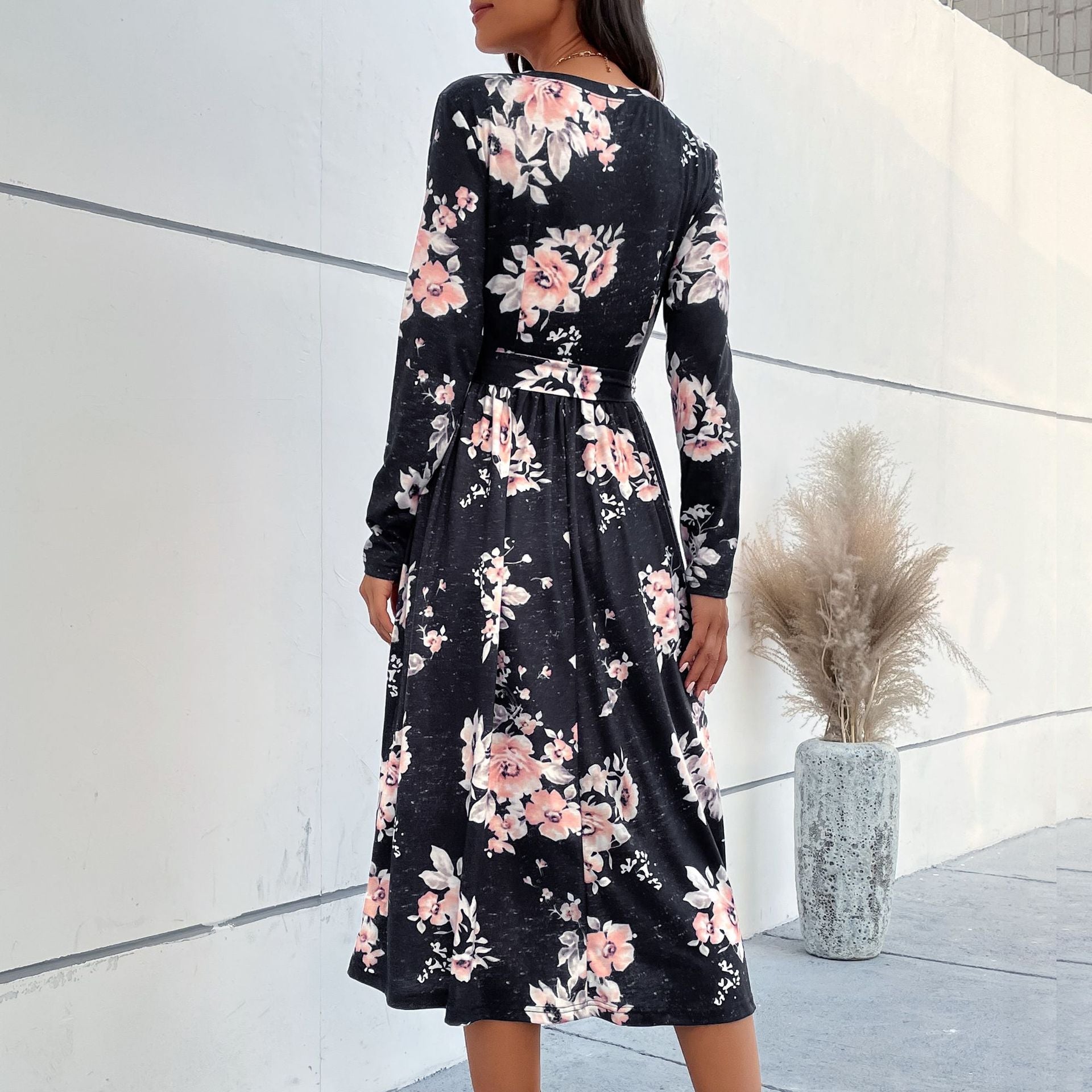 Women Floral Wrap Midi Dress with V-Neck, Waist Belt and Flared Skirt Chichicherry