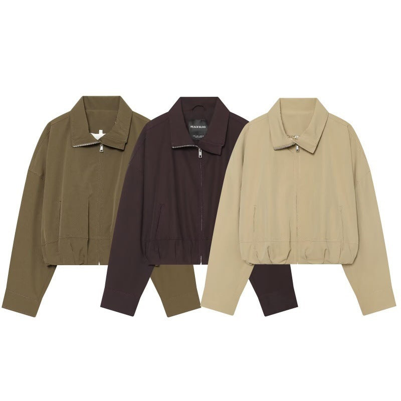 Women Cropped Boxy Jacket with Zipper, Stand-Up Collar and Elastic Hem Chichicherry
