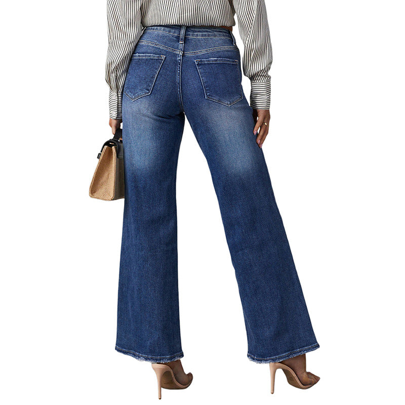 Women High-Waist Denim Flared Pants with Wide Leg and Light Vintage Wash Chichicherry