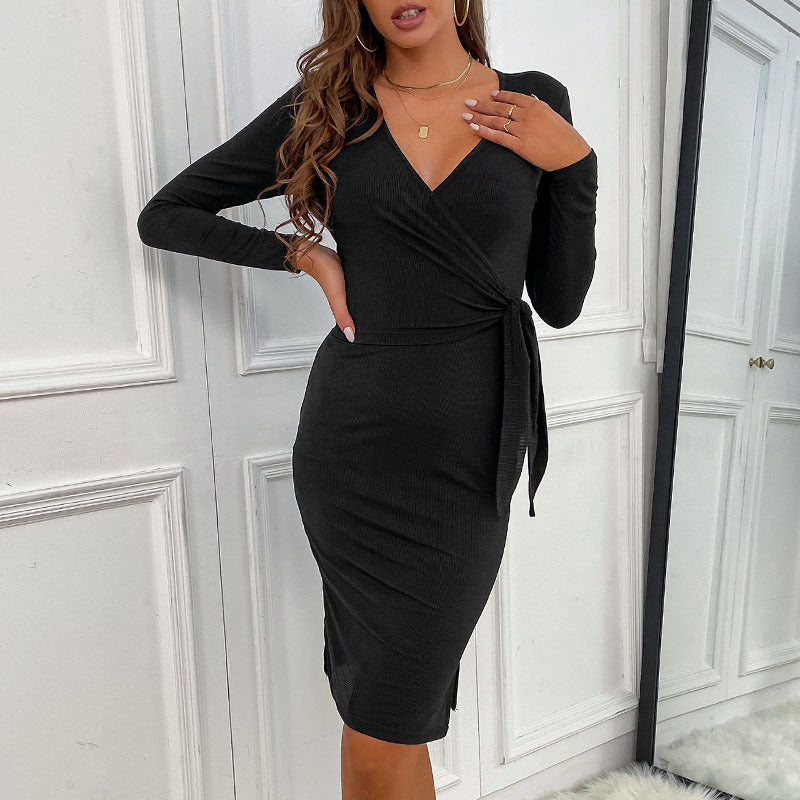 Women's Figure-Hugging Wrap Dress with Waist Sash Chichicherry