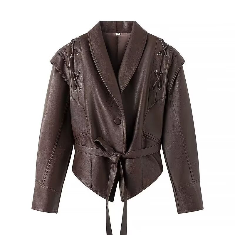 Women Short Blazer Leather Jacket with Shawl Collar, Waist Belt and Lacing Detail Chichicherry